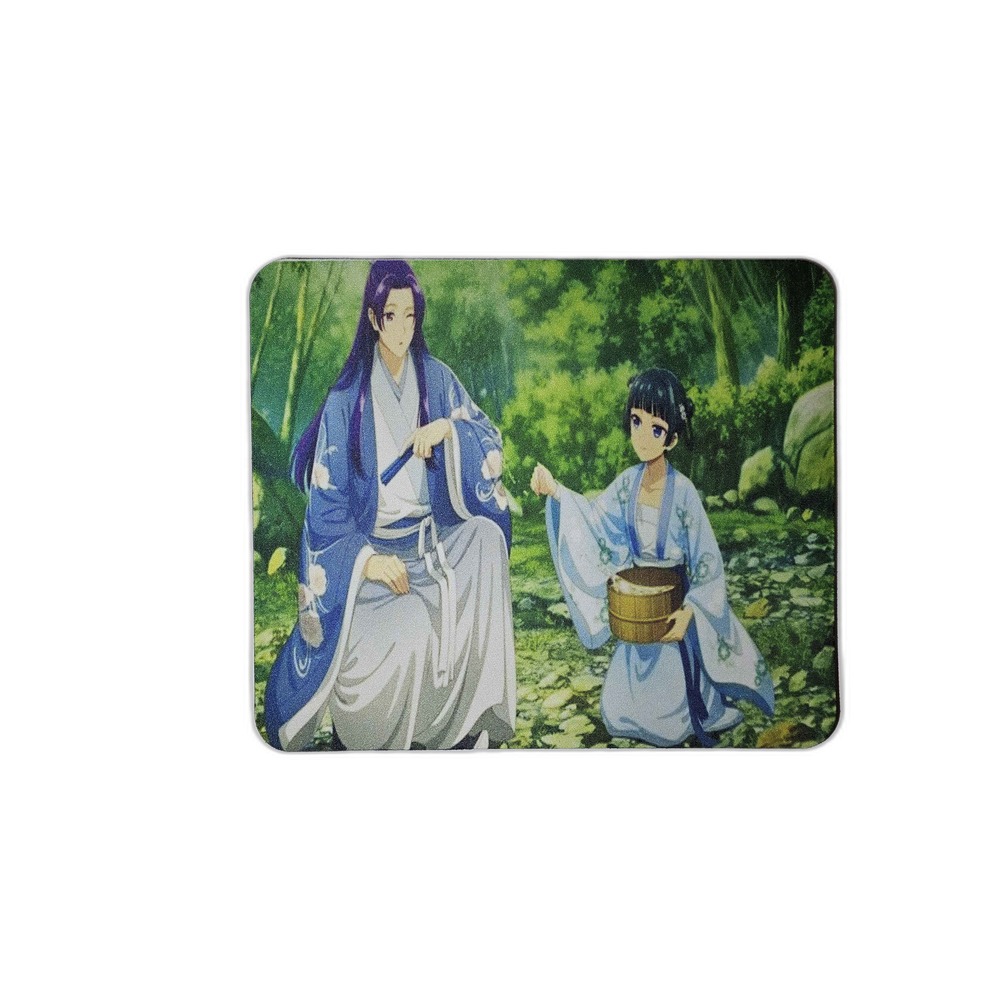 Anime-style mousepad featuring two characters in traditional Asian robes in a bamboo garden setting with lush green foliage.