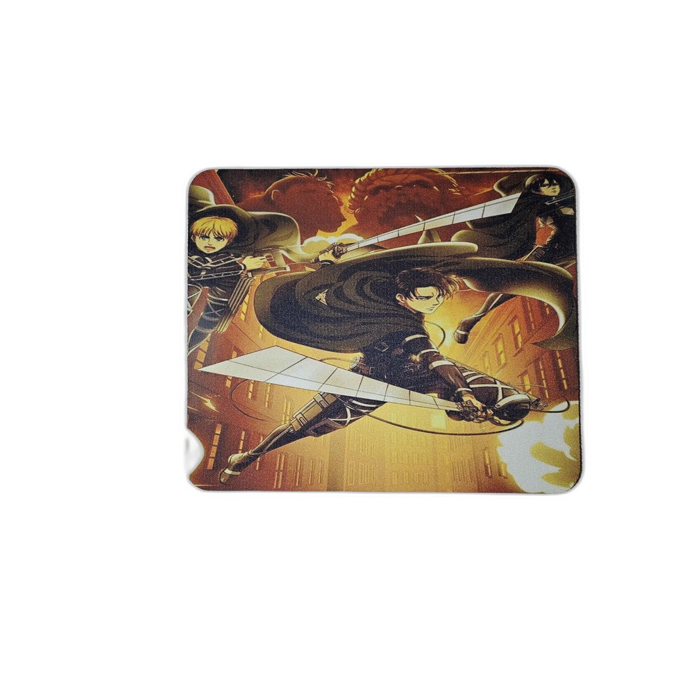 Anime mousepad featuring Attack on Titan characters in combat poses with swords against warm-toned background and architectur