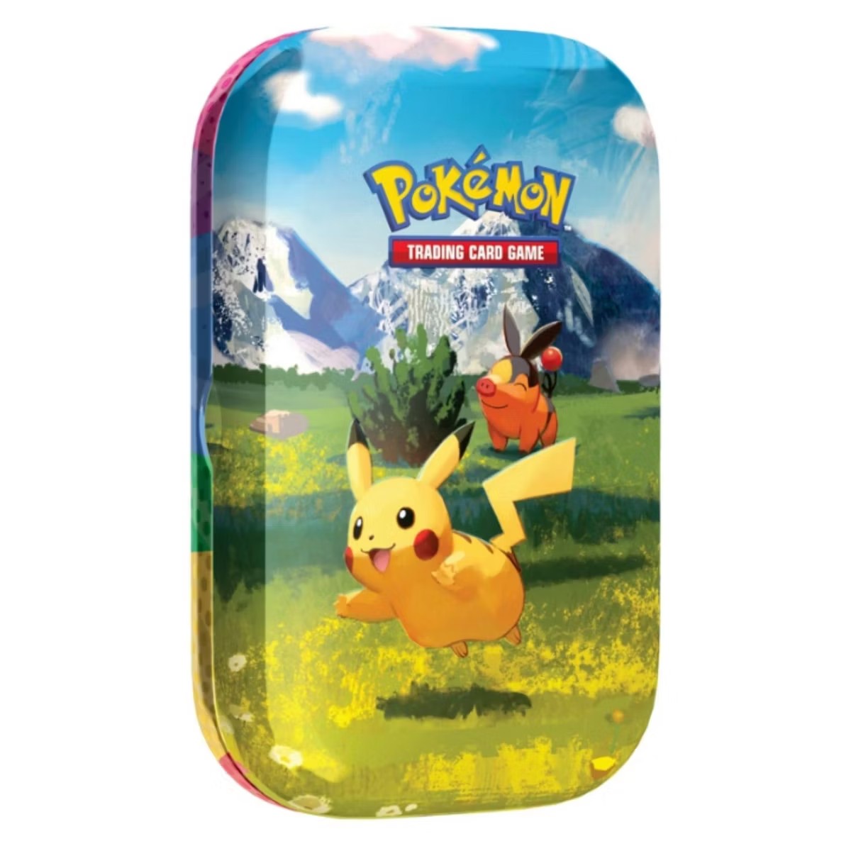 Pokemon ME2.5 Ascended Heroes Mini Tin featuring Pikachu and Tepig characters on yellow and red packaging.