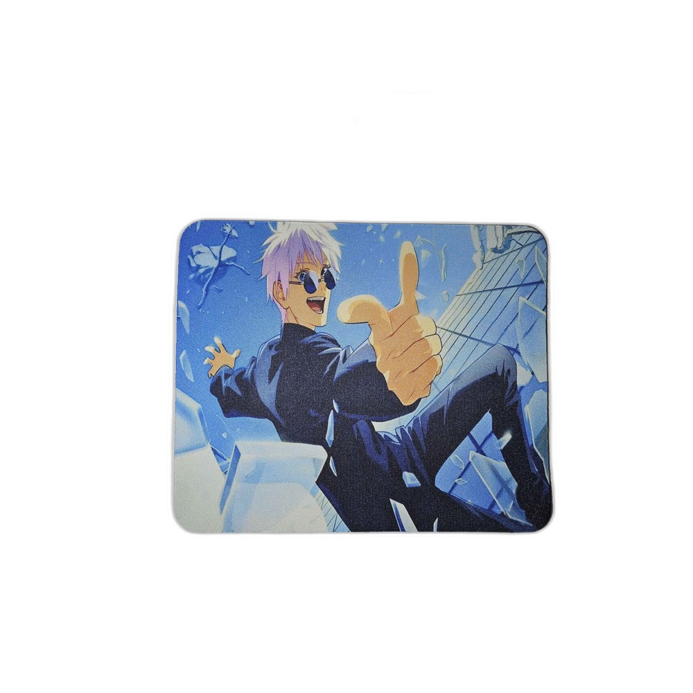 Anime mousepad featuring a character with white hair and sunglasses in a black suit giving a thumbs up gesture against a blue