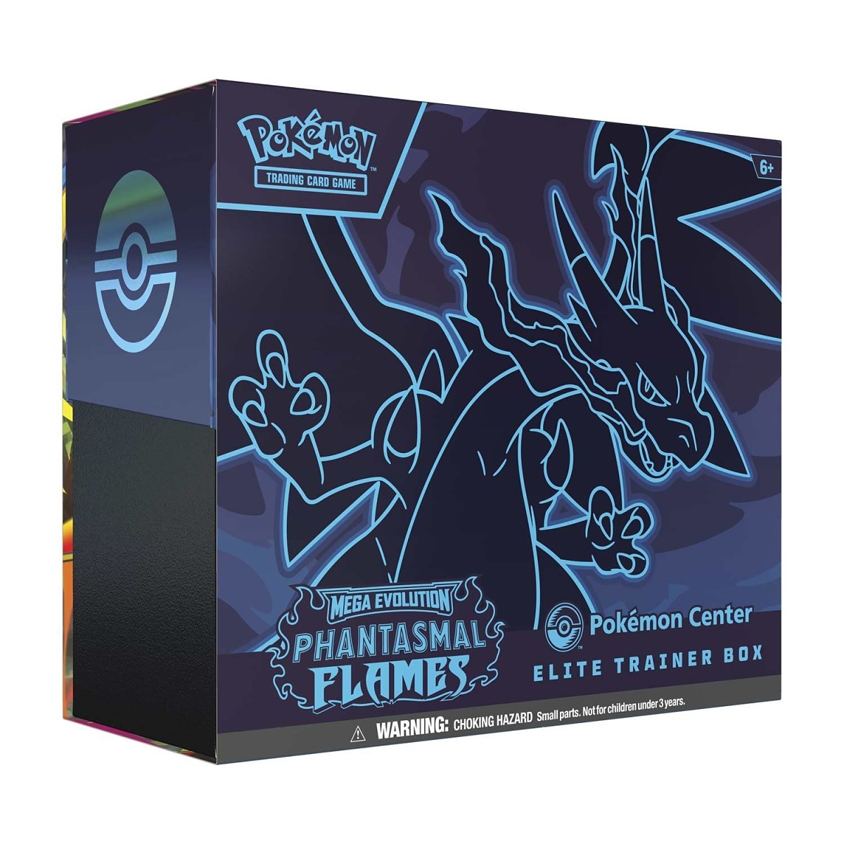 Pokémon TCG Mega Evolution Phantasmal Flames Elite Trainer Box featuring purple packaging with Mega Pokémon artwork and product details.