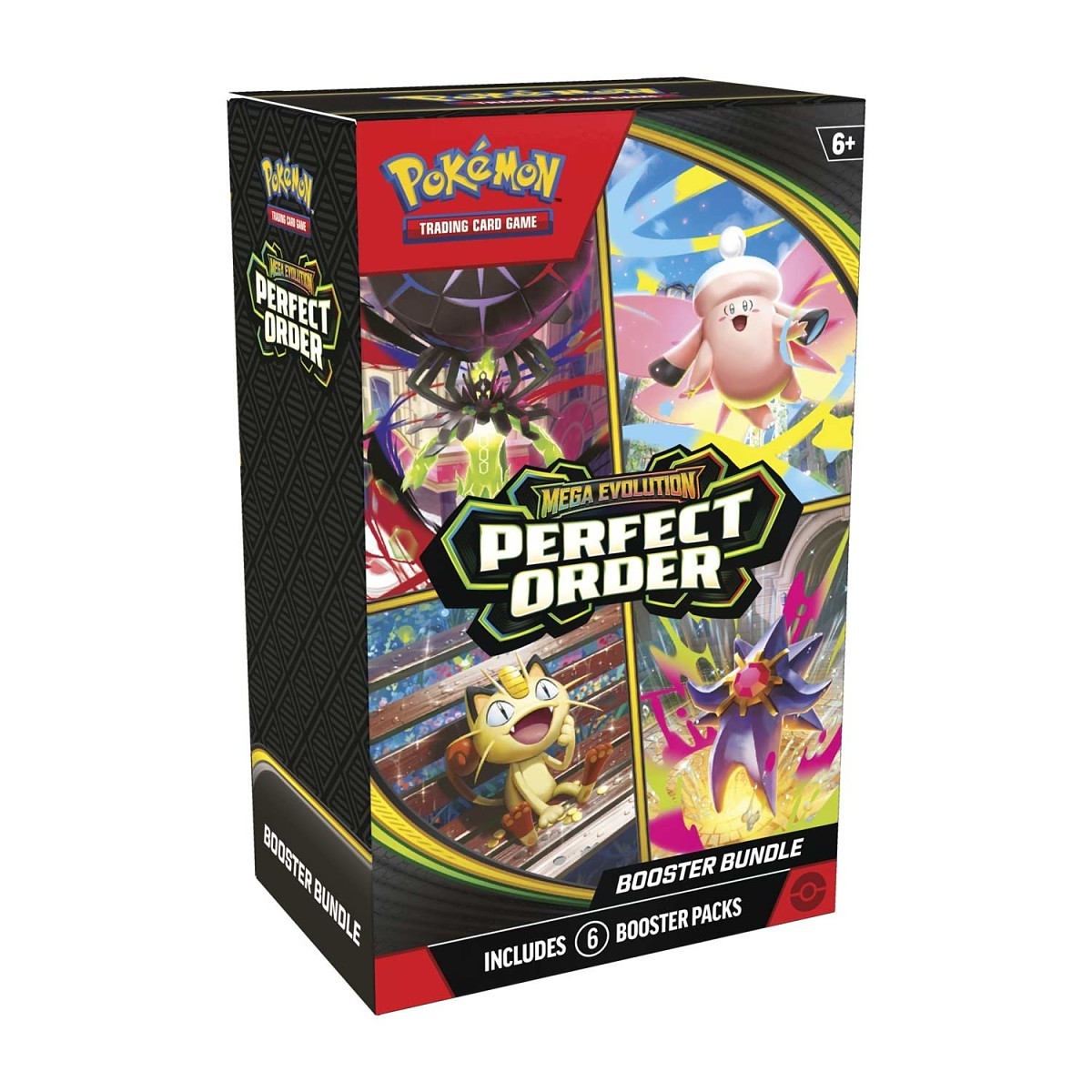 Pokémon TCG Mega Evolution Perfect Order Booster Bundle box displaying six colorful card packs with Mega Evolution Pokémon artwork.