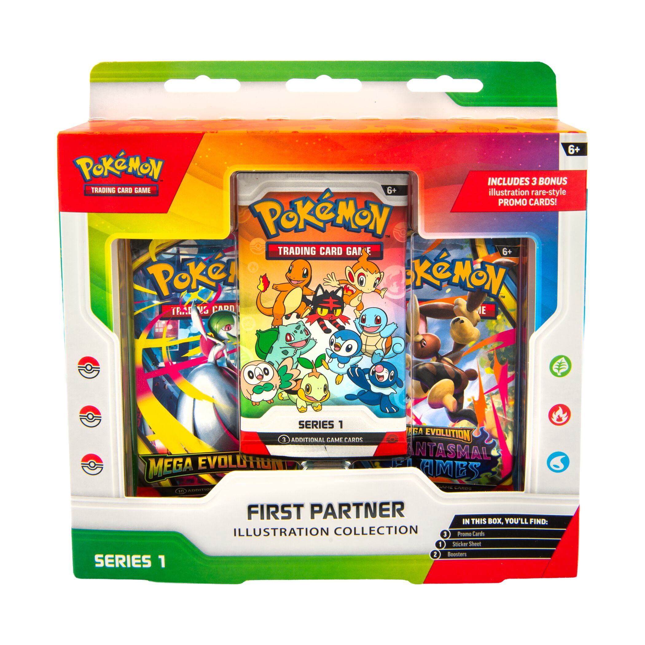 Pokémon Trading Card Game First Partner Illustration Collection Series 1 box featuring three booster packs and promo cards wi